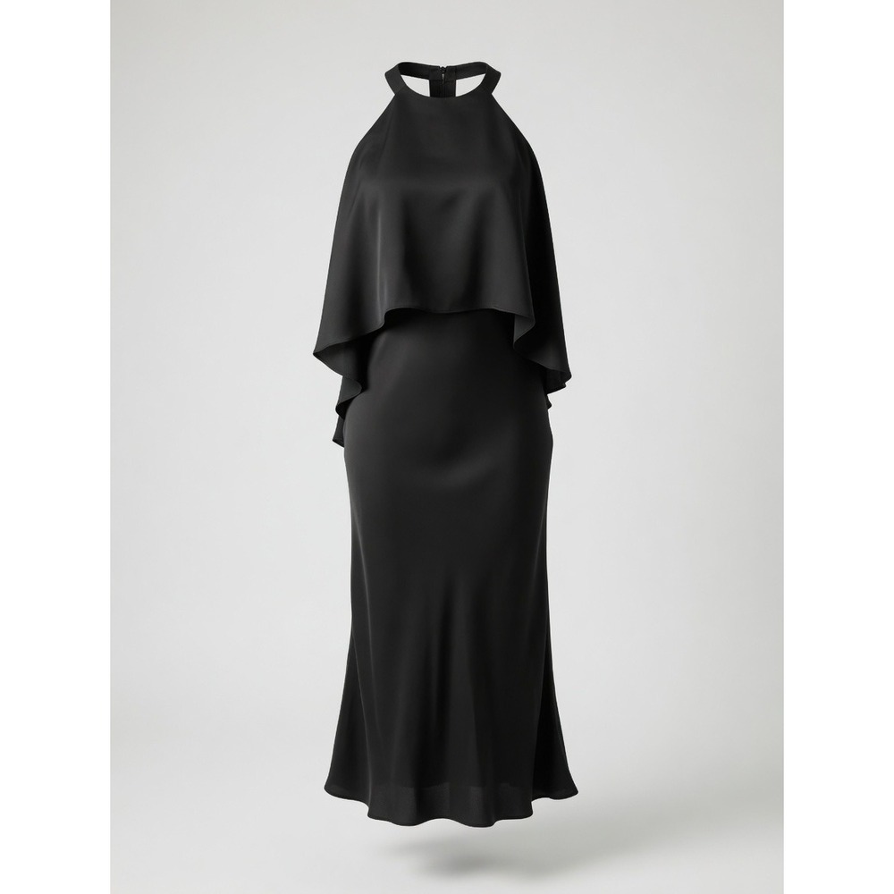 Kobi Halperin Black 100% Silk Open Shoulder Cape‎ Halter Dress Size 6